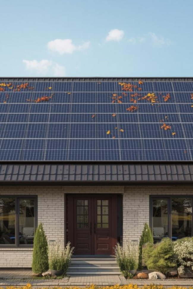 Haus mit Laub auf der PV-Anlage